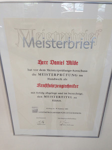 Der Meisterbrief von unserem Werkstattmeister Daniel Milde.